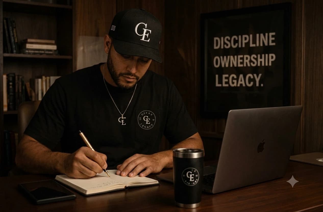 Ernesto Rivera writing at his desk wearing Casa Empresario merch, next to a framed print reading Discipline, Ownership, Legacy