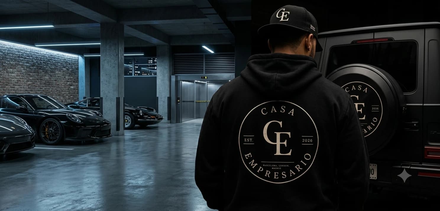 Man wearing a black Casa Empresario hoodie and cap standing beside a blacked-out SUV