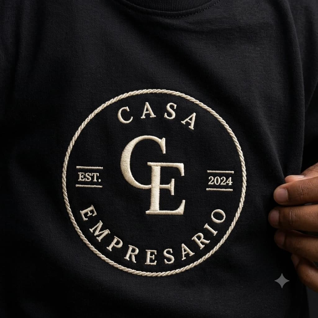 Close-up of the Casa Empresario crest printed on a black garment
