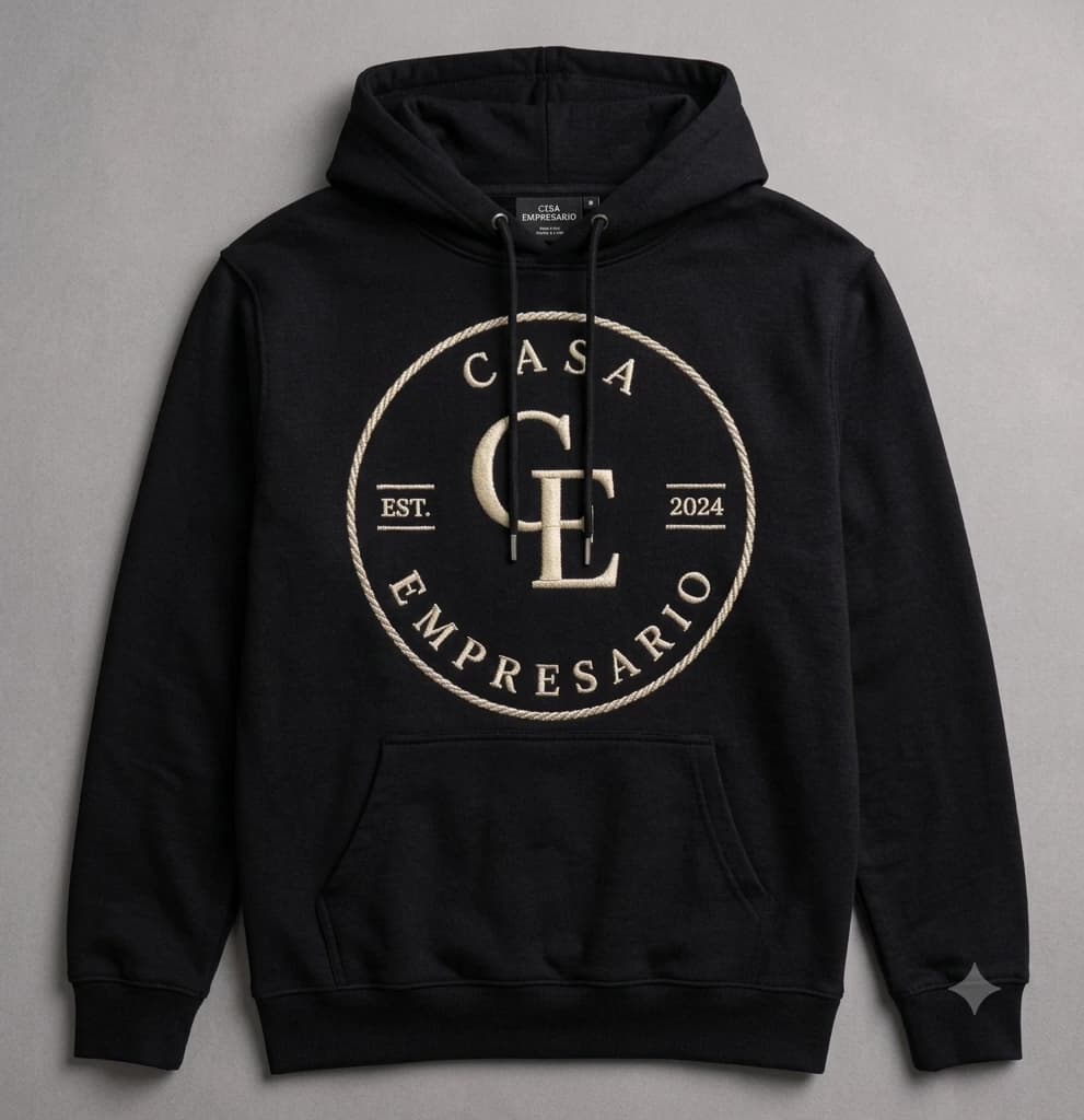 Black Casa Empresario hoodie with the CE crest printed on the back