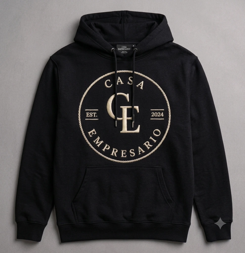 Black Casa Empresario hoodie with the CE crest printed on the back